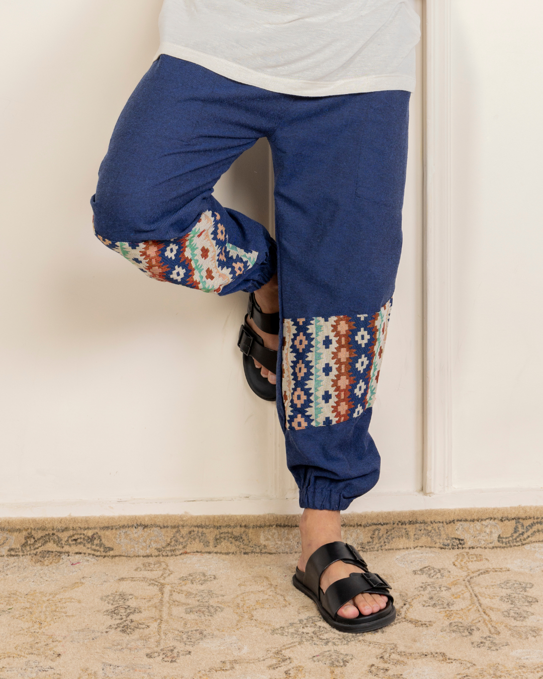 Navy Blue Men Embroidered Baggy Cotton Joggers with Lower Patch