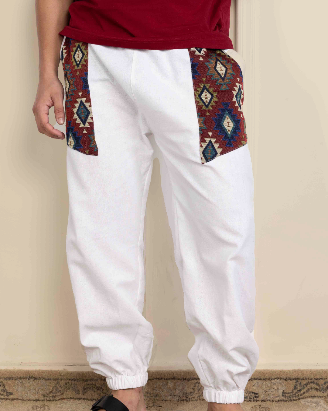 White Men Embroidered Baggy Cotton Joggers with Upper Patch