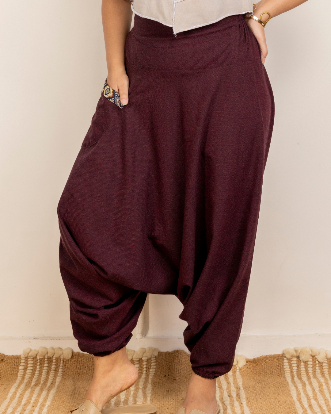 Maroon Women Loose Fit Cotton Harem