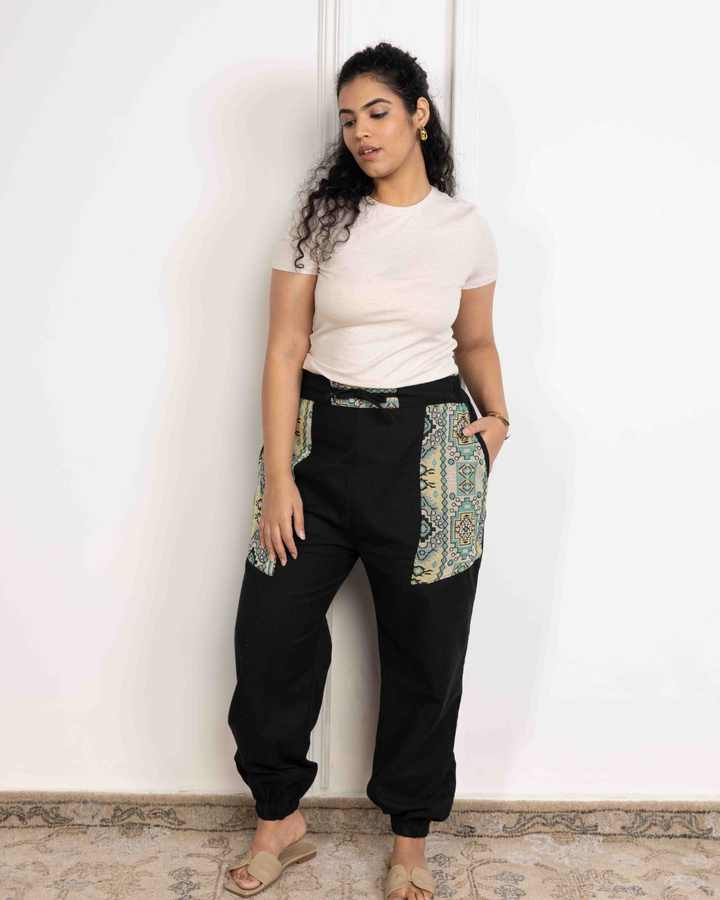 Black Women Embroidered Baggy Cotton Joggers with Upper Patch