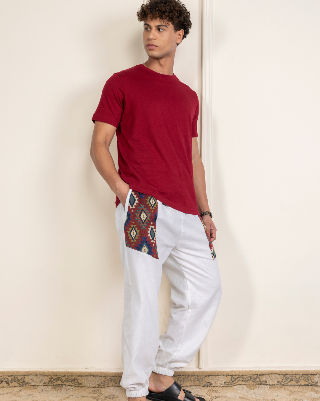 White Men Embroidered Baggy Cotton Joggers with Upper Patch