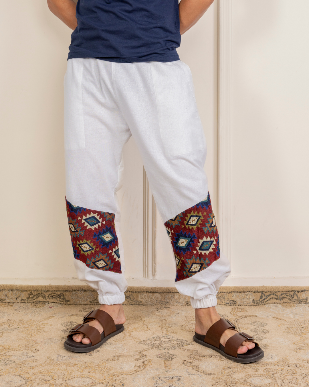White Men Embroidered Baggy Cotton Joggers with Lower Patch