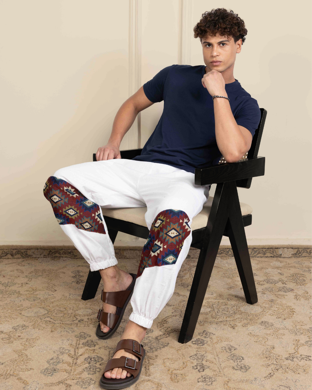 White Men Embroidered Baggy Cotton Joggers with Lower Patch