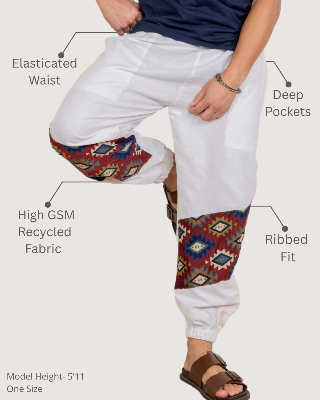 White Men Embroidered Baggy Cotton Joggers with Lower Patch