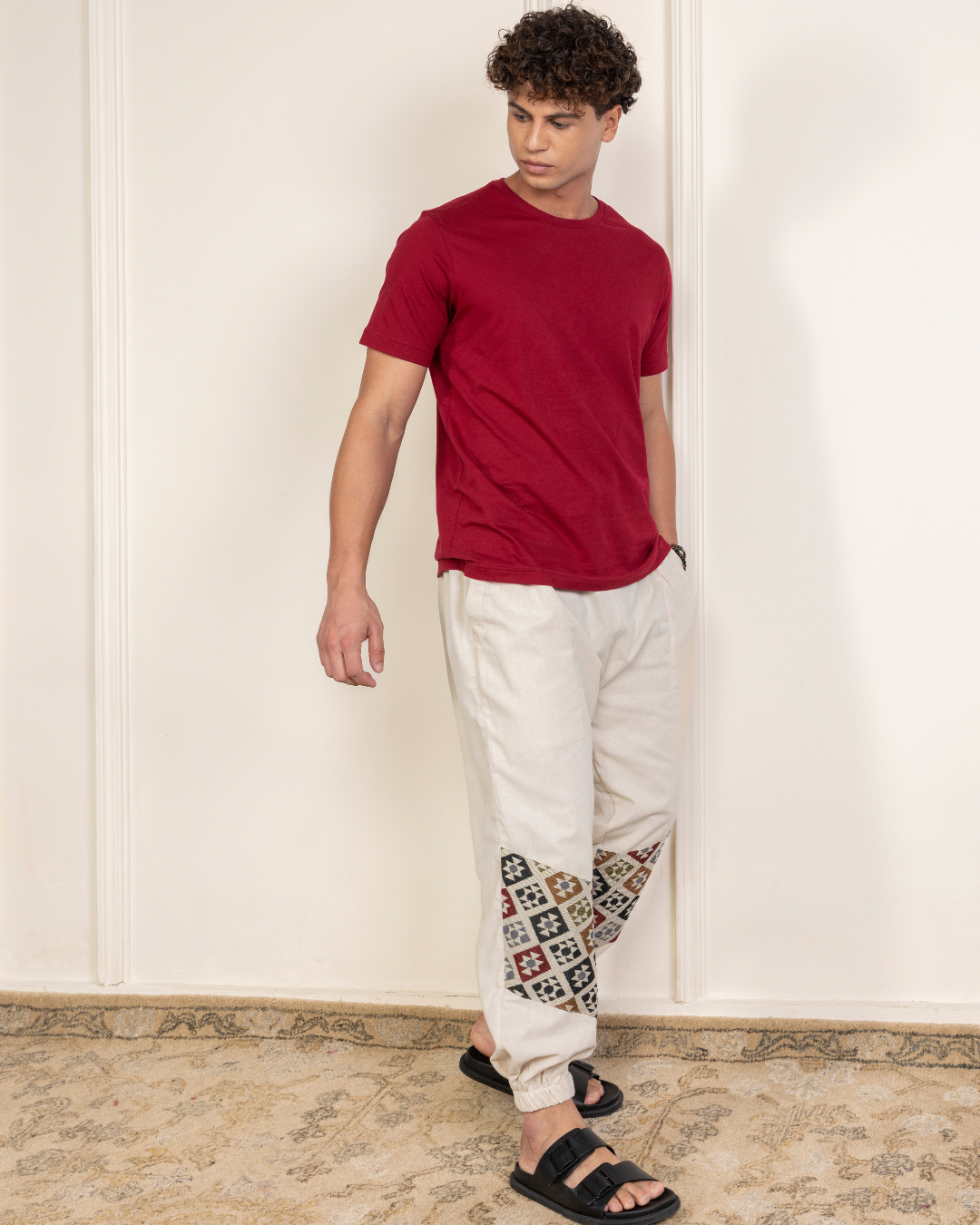 Ivory Men Embroidered Baggy Cotton Joggers with Lower Patch