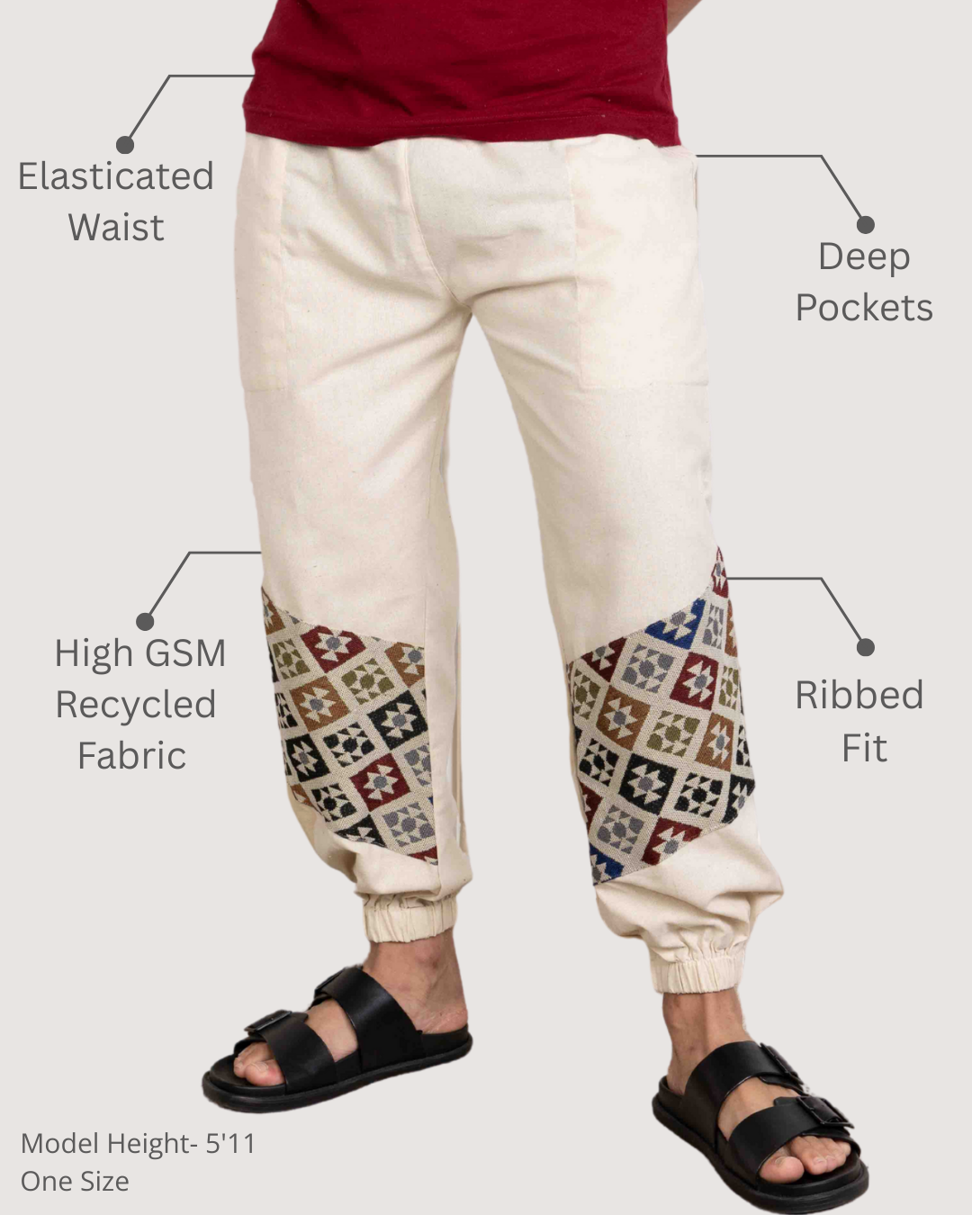 Ivory Men Embroidered Baggy Cotton Joggers with Lower Patch
