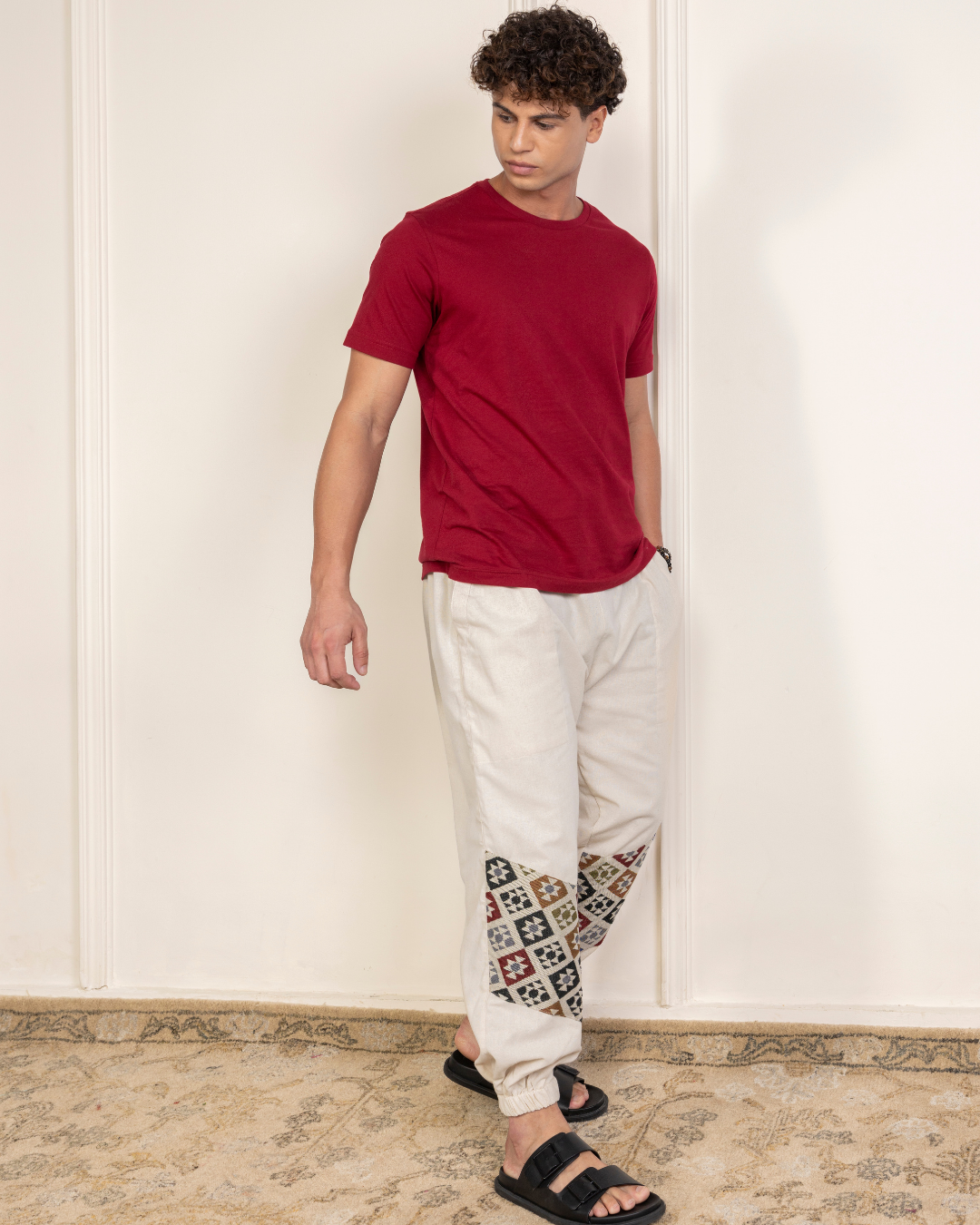 Ivory Men Embroidered Baggy Cotton Joggers with Lower Patch