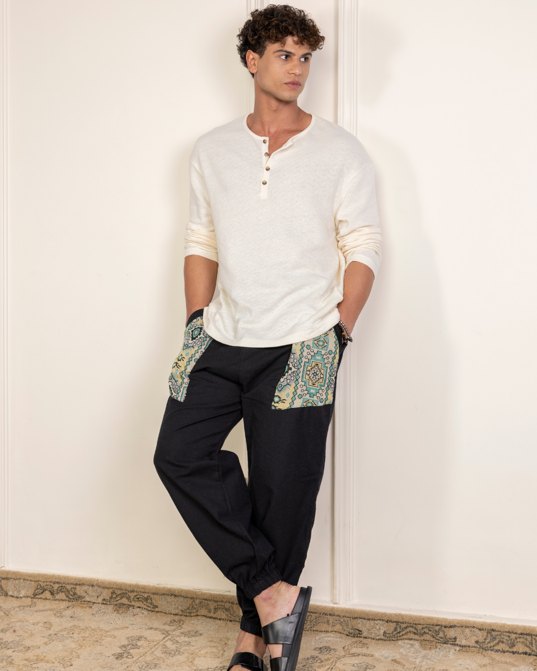 Black Men Embroidered Baggy Cotton Joggers with Upper Patch