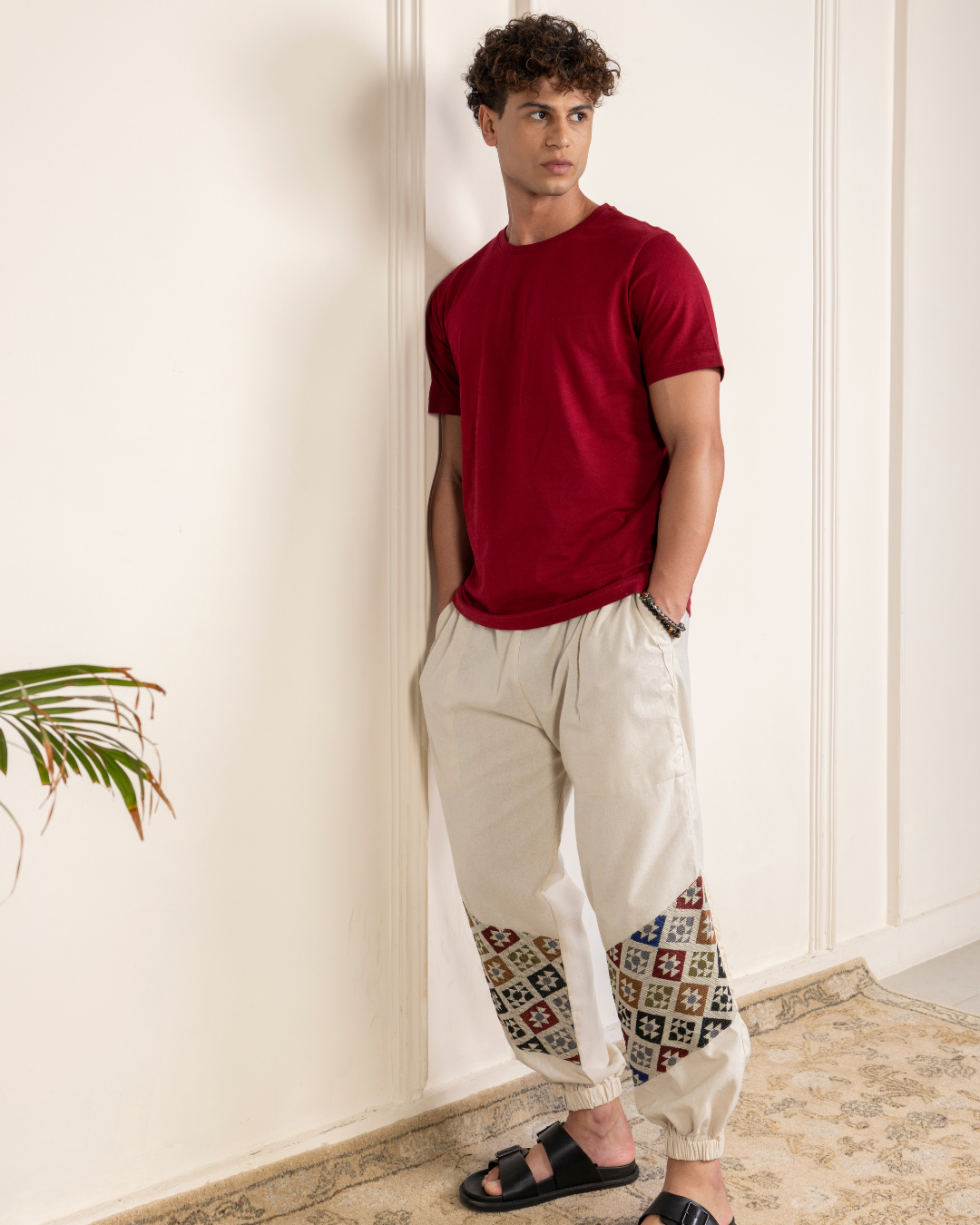 Ivory Men Embroidered Baggy Cotton Joggers with Lower Patch