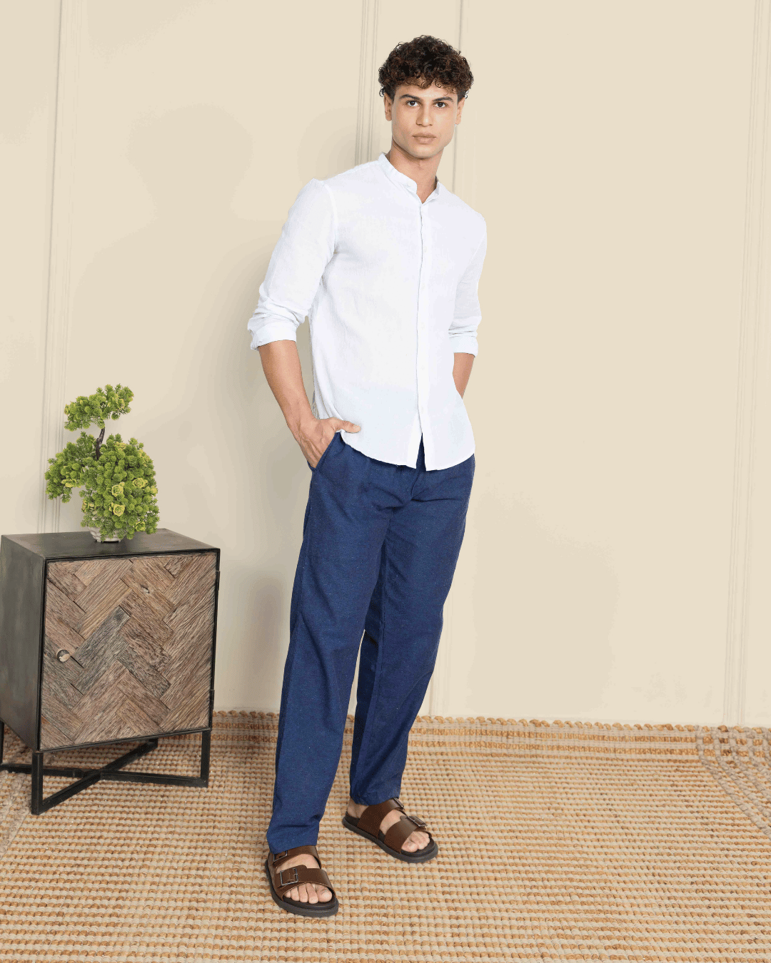 Navy Blue Straight Fit Cotton Pants