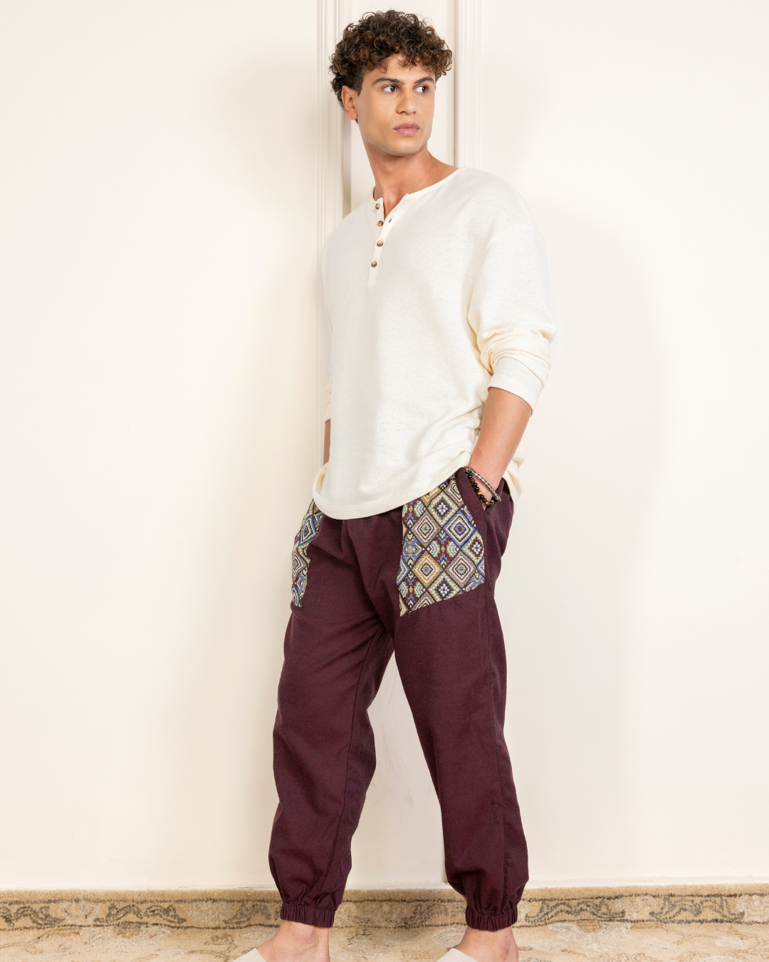 Maroon Men Embroidered Baggy Cotton Joggers with Upper Patch