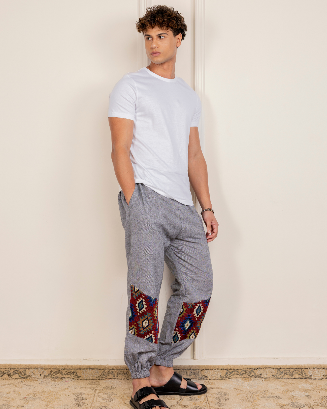 Grey Men Embroidered Baggy Cotton Joggers with Lower Patch