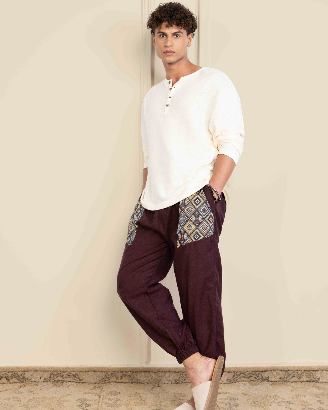 Maroon Men Embroidered Baggy Cotton Joggers with Upper Patch