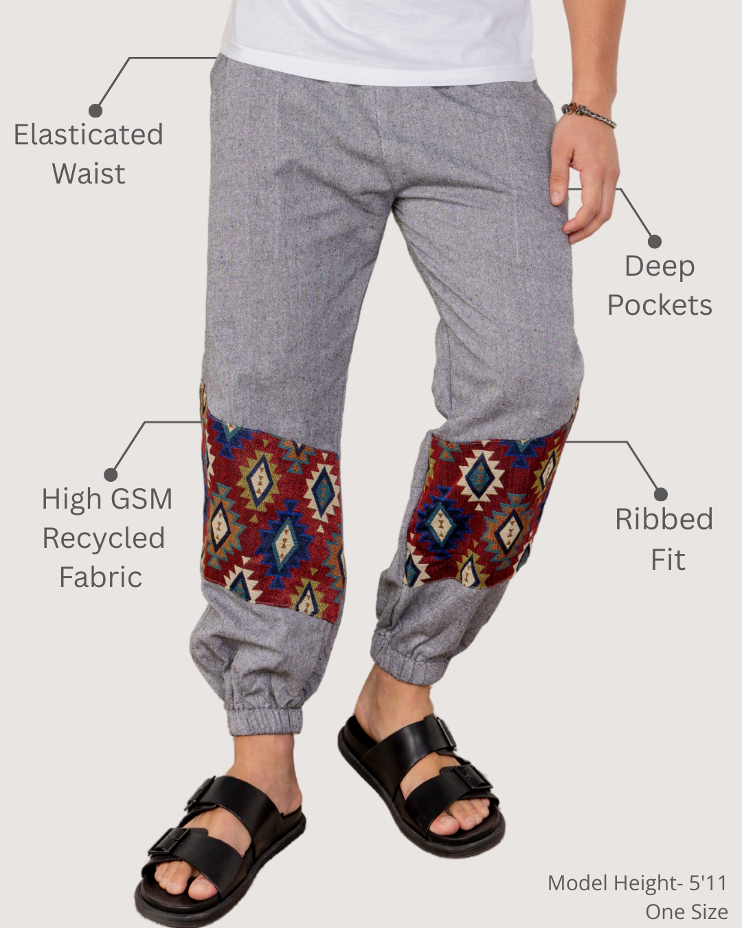 Grey Men Embroidered Baggy Cotton Joggers with Lower Patch
