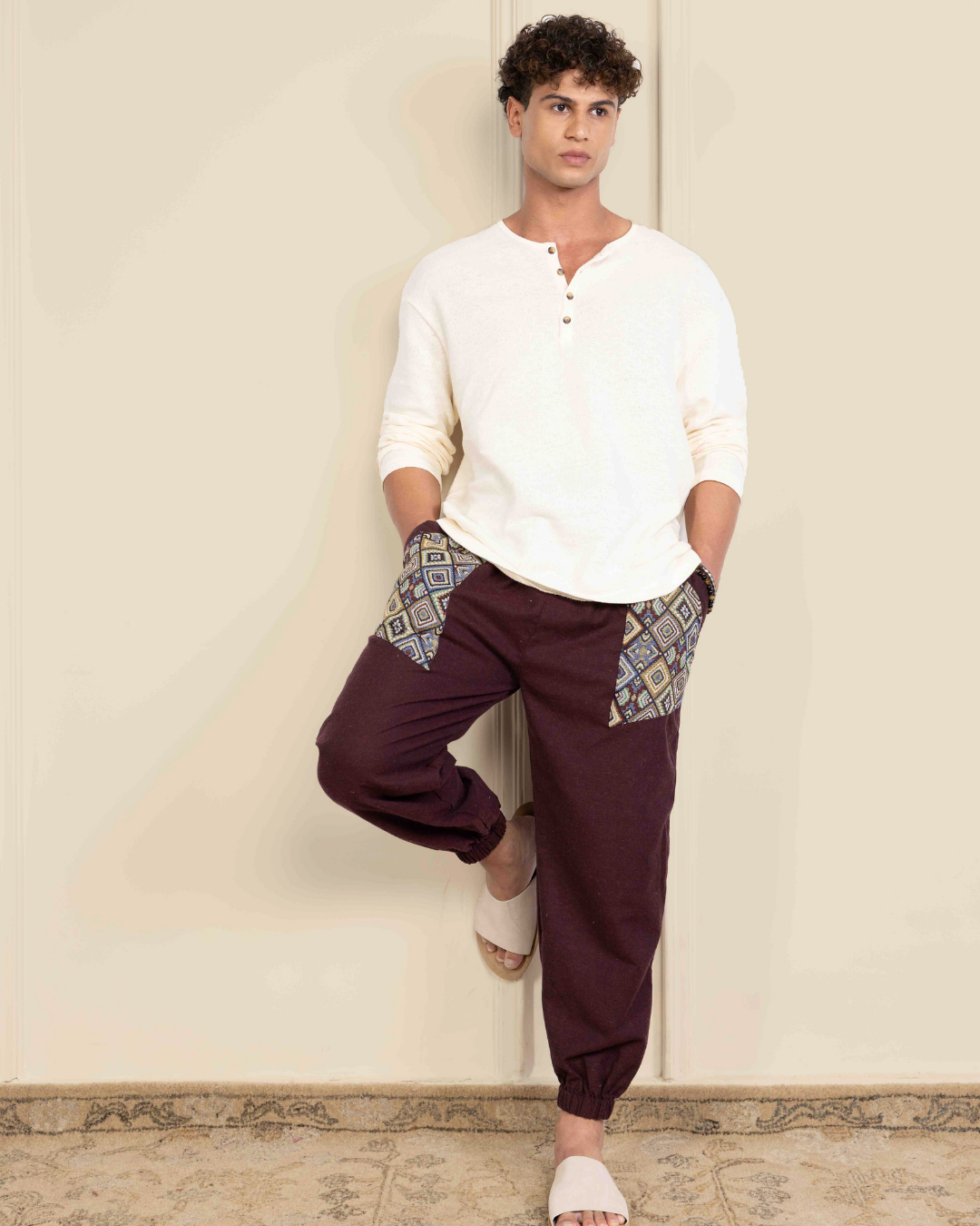Maroon Men Embroidered Baggy Cotton Joggers with Upper Patch
