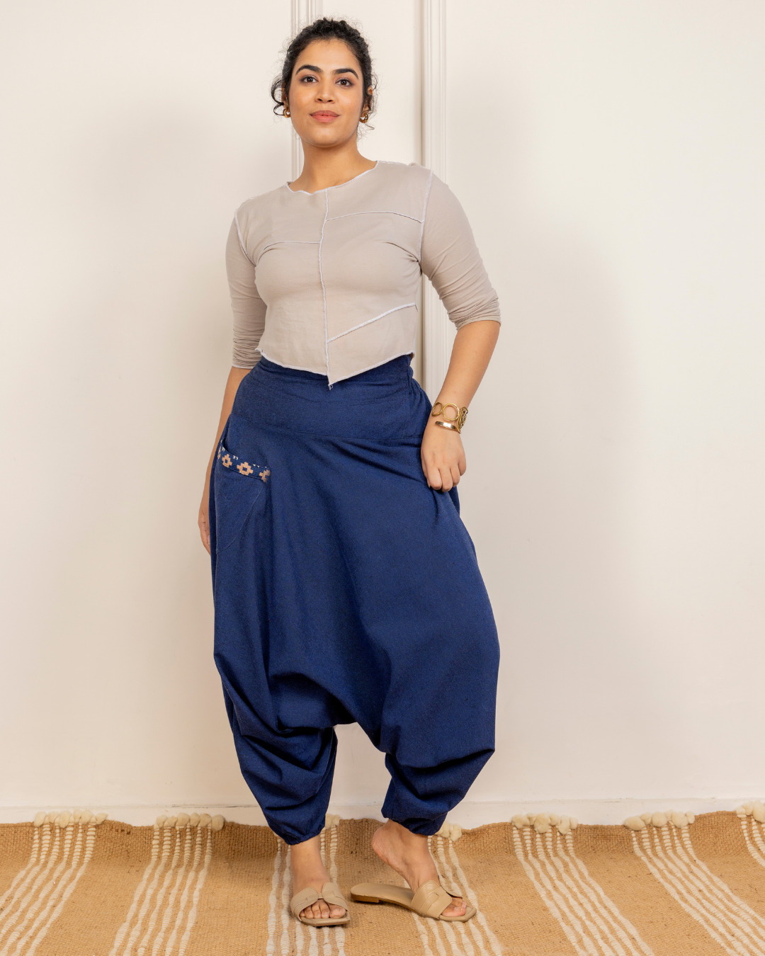 Navy Blue Women Loose Fit Cotton Harem