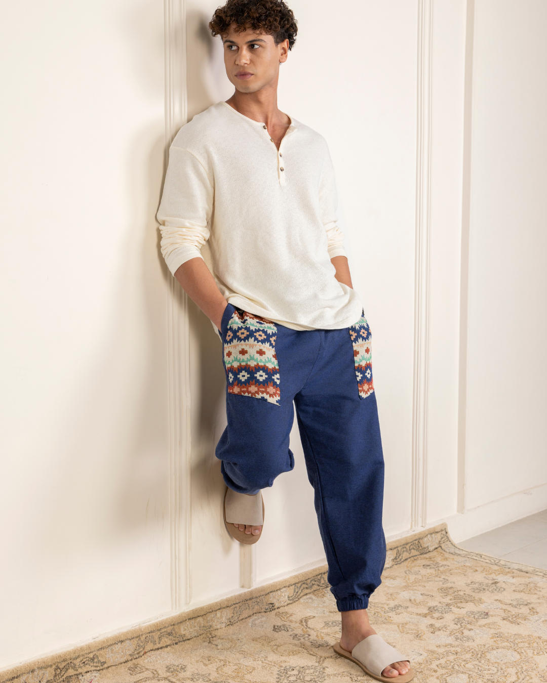 Navy Blue Men Embroidered Baggy Cotton Joggers with Upper Patch