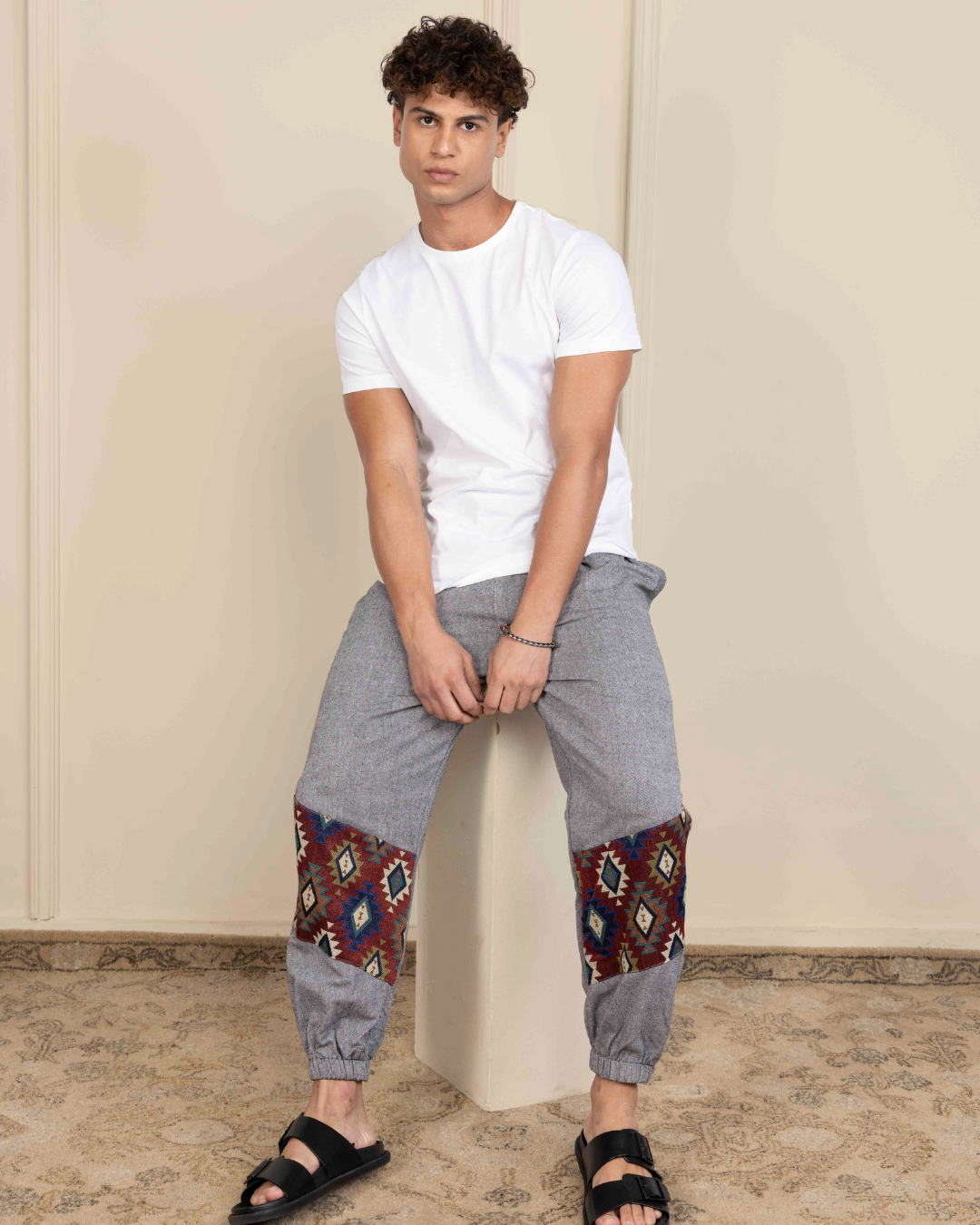 Grey Men Embroidered Baggy Cotton Joggers with Lower Patch