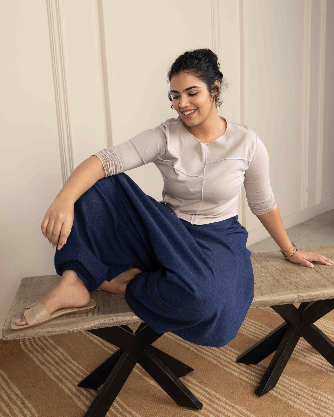 Navy Blue Women Loose Fit Cotton Harem