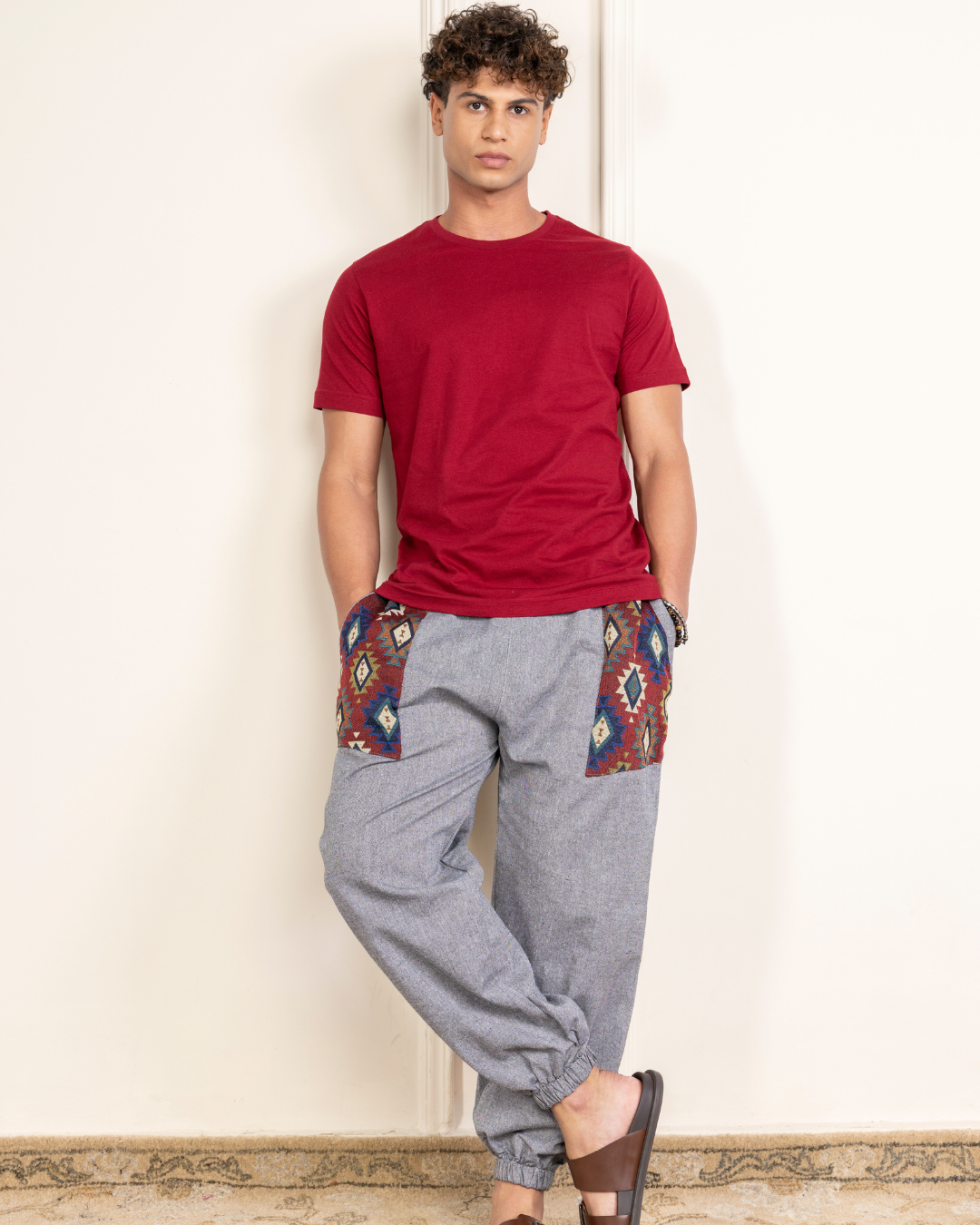 Grey Men Embroidered Baggy Cotton Joggers with Upper Patch
