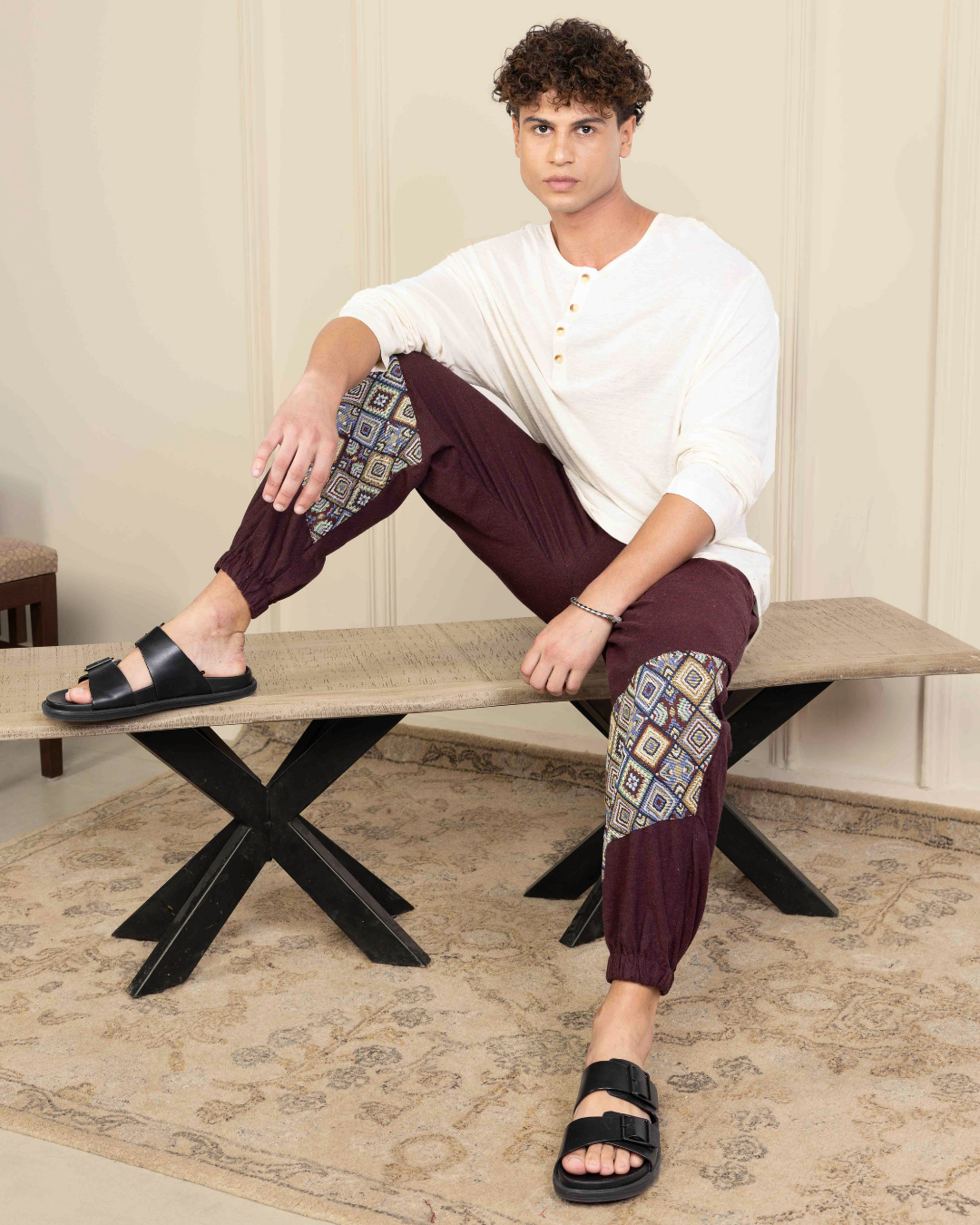 Maroon Men Embroidered Baggy Cotton Joggers with Lower Patch