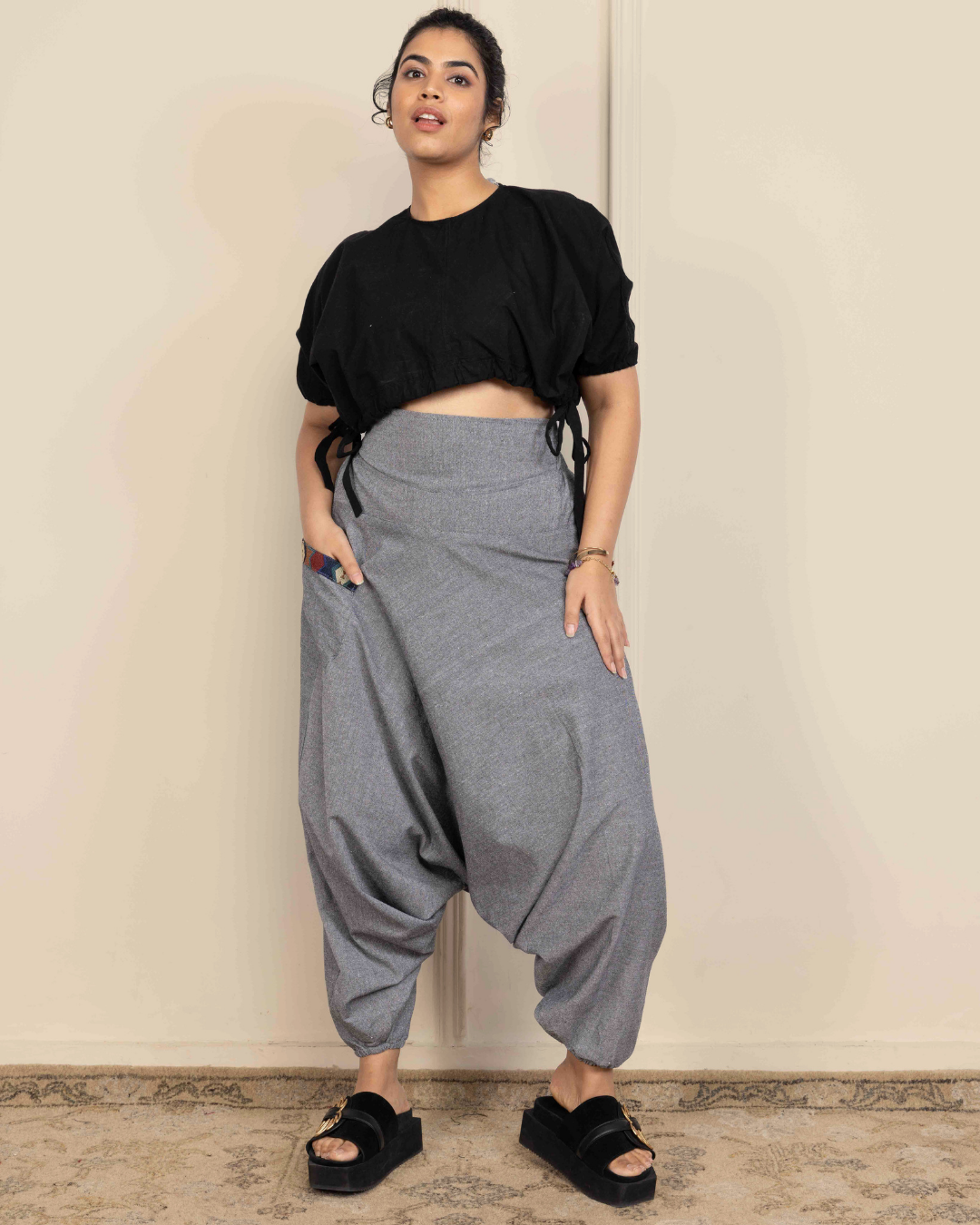 Grey Women Loose Fit Cotton Harem