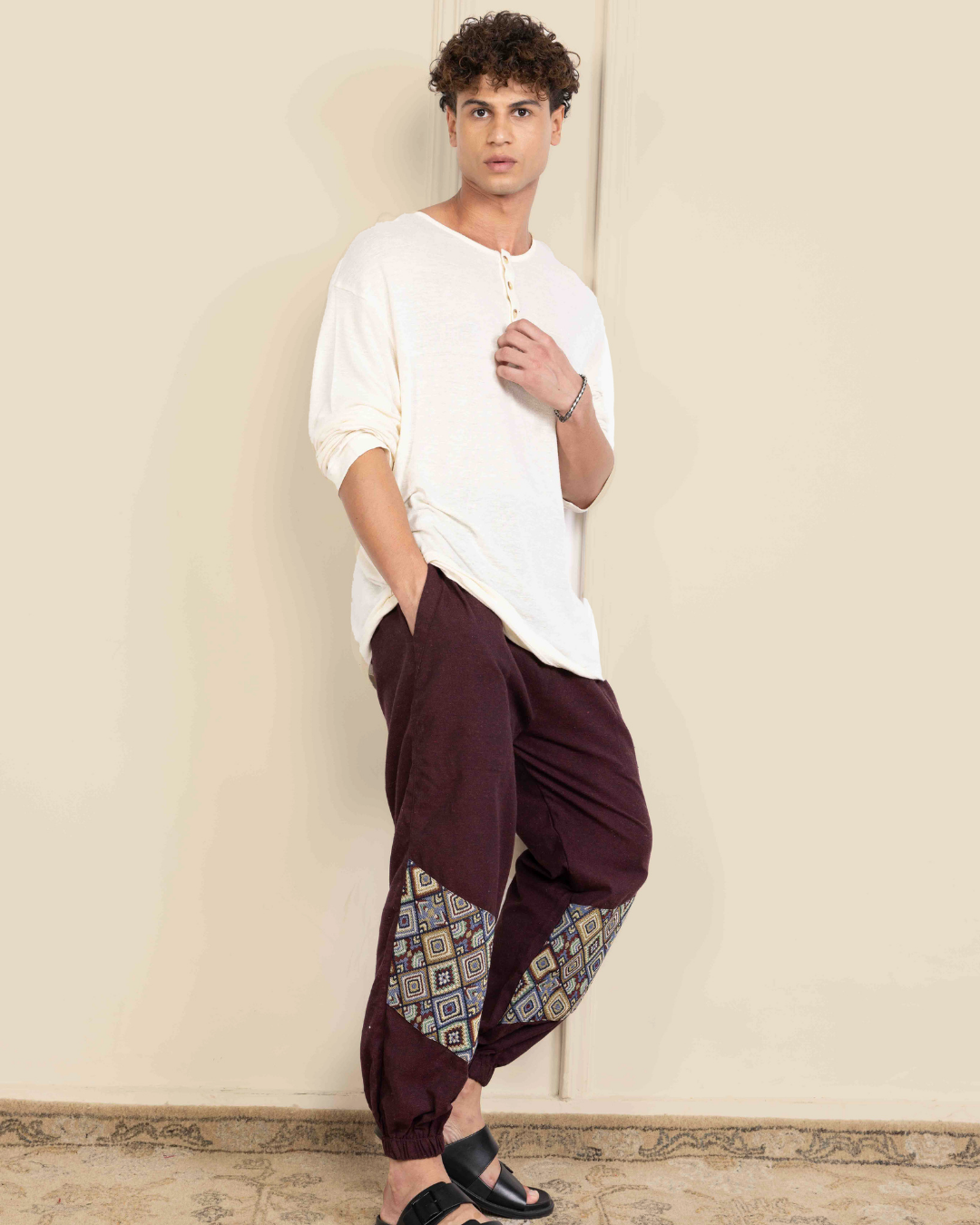 Maroon Men Embroidered Baggy Cotton Joggers with Lower Patch