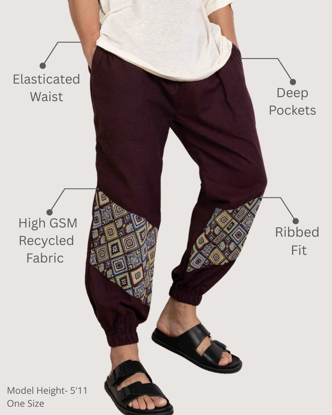 Maroon Men Embroidered Baggy Cotton Joggers with Lower Patch