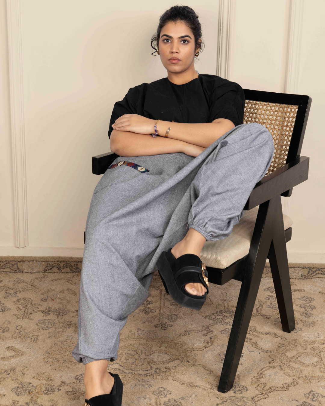Grey Women Loose Fit Cotton Harem