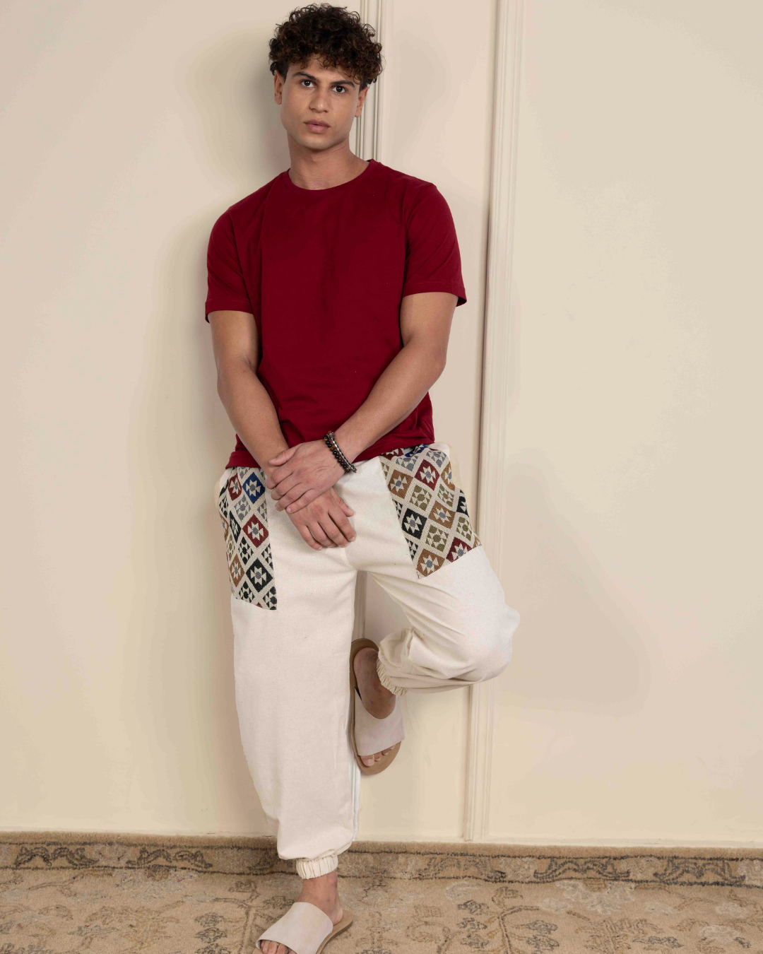 Ivory Men Embroidered Baggy Cotton Joggers with Upper Patch
