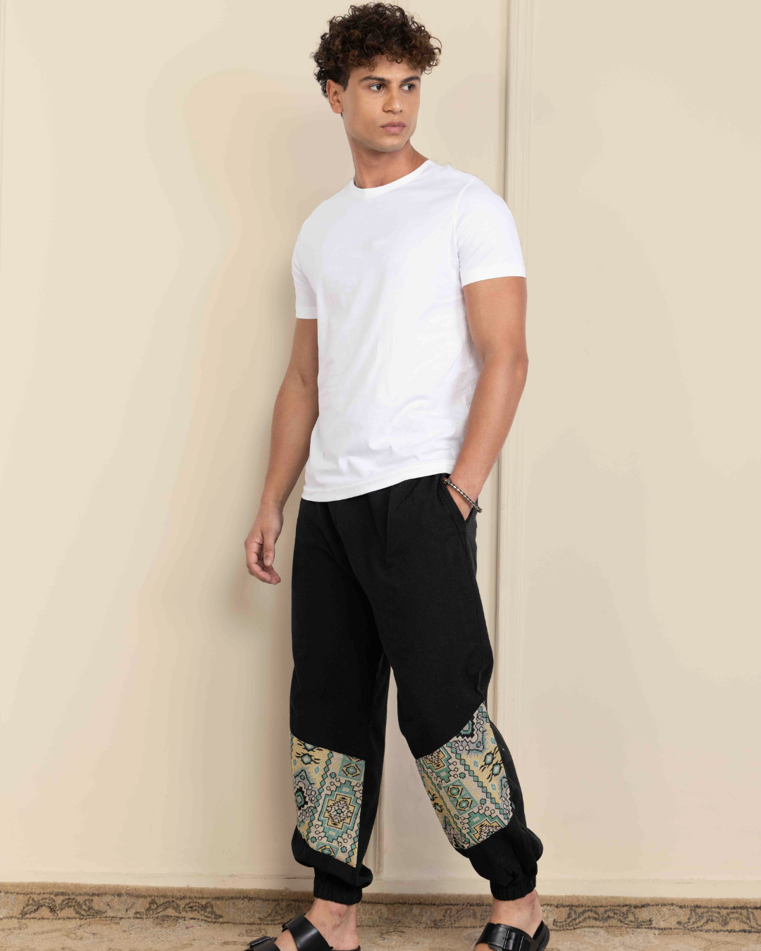 Black Men Embroidered Baggy Cotton Joggers with Lower Patch