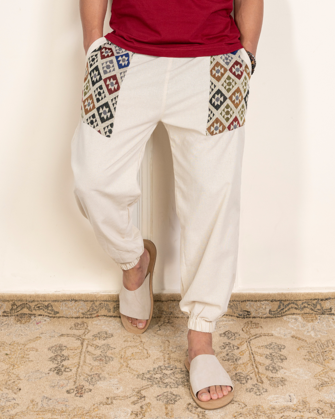 Ivory Men Embroidered Baggy Cotton Joggers with Upper Patch