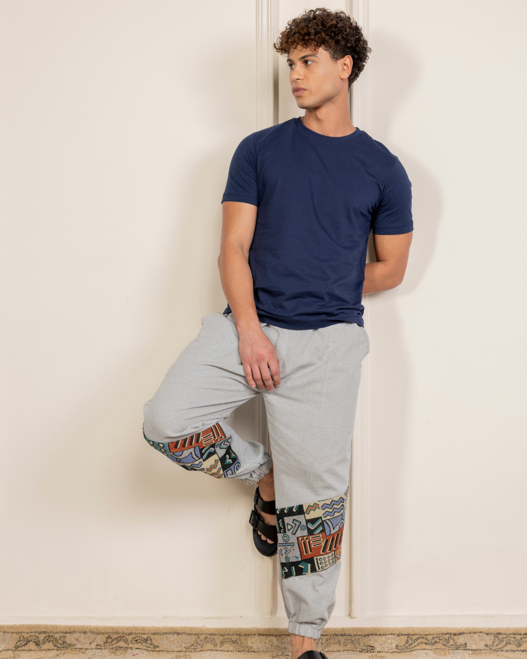 Sage Grey Men Embroidered Baggy Cotton Joggers with Lower Patch