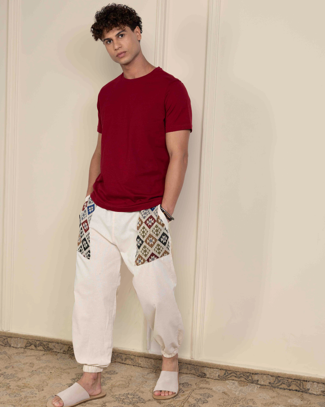 Ivory Men Embroidered Baggy Cotton Joggers with Upper Patch