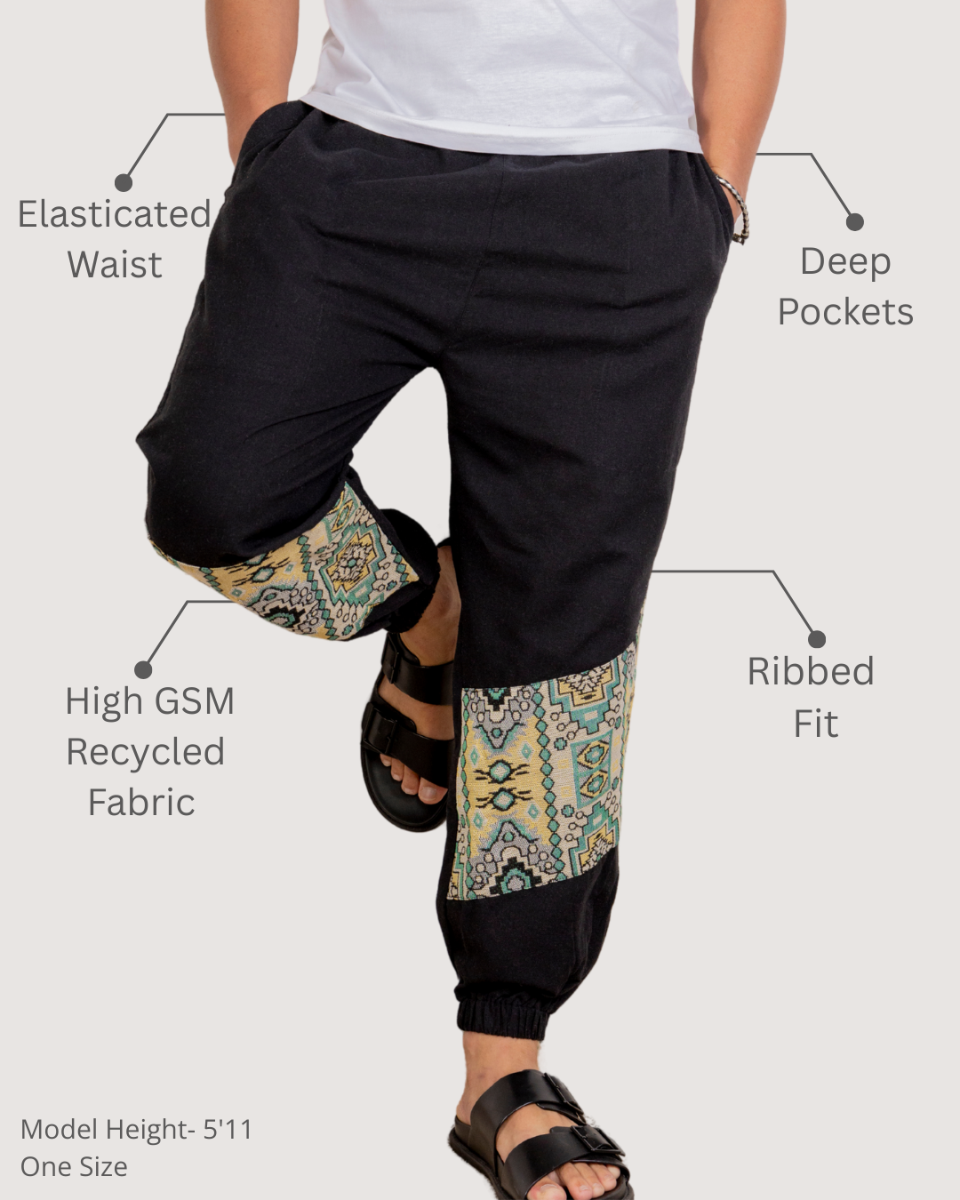 Black Men Embroidered Baggy Cotton Joggers with Lower Patch