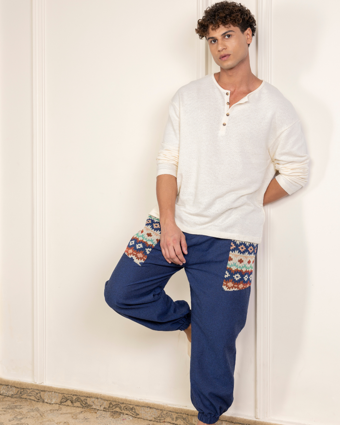 Navy Blue Men Embroidered Baggy Cotton Joggers with Upper Patch