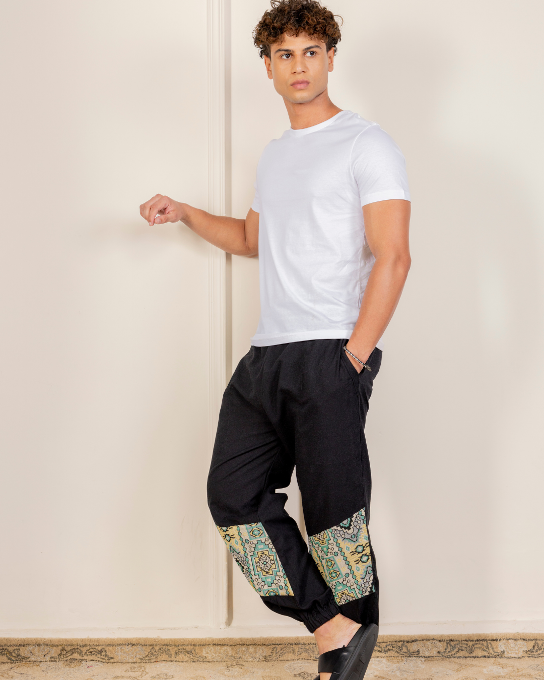 Black Men Embroidered Baggy Cotton Joggers with Lower Patch