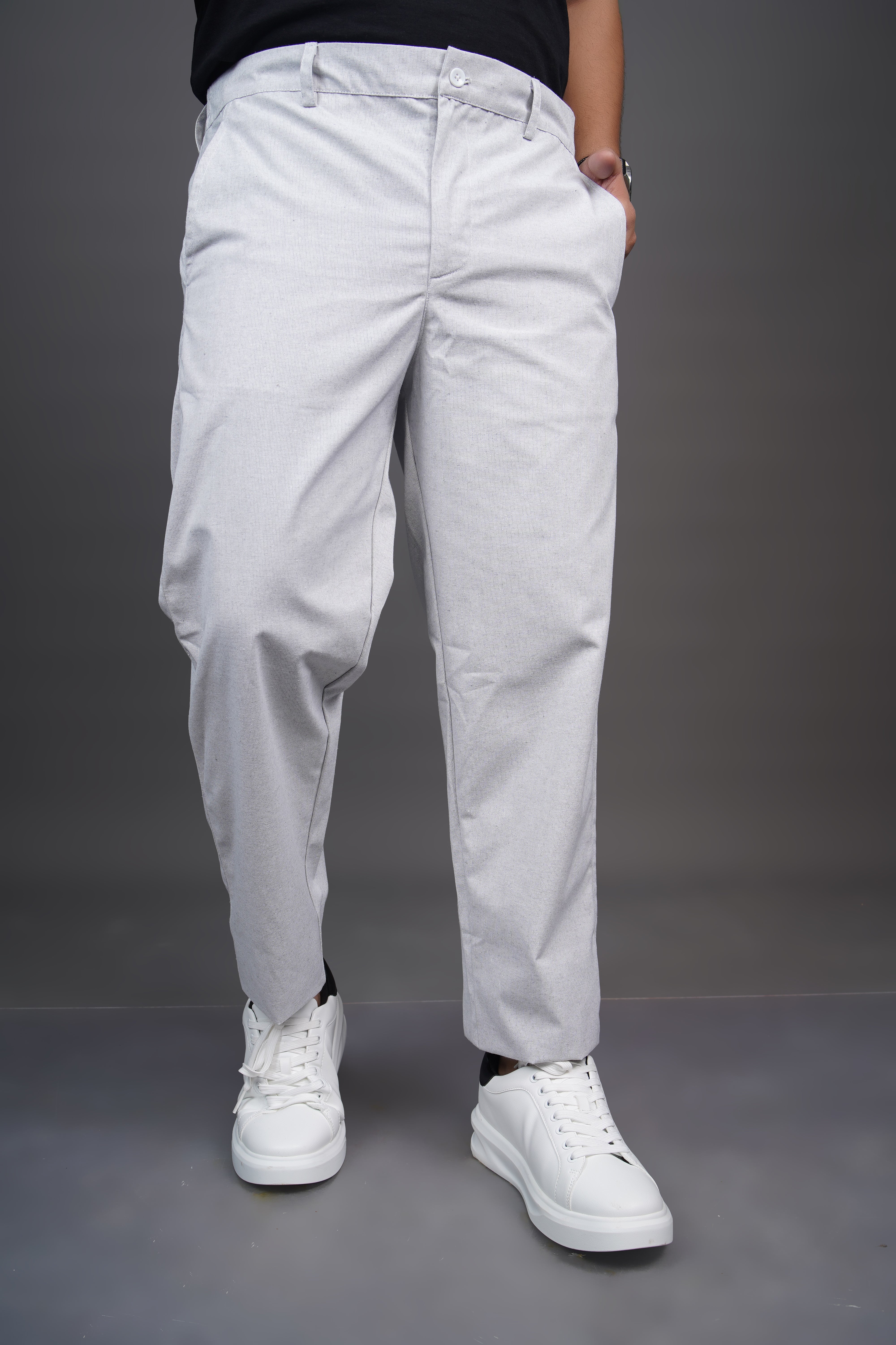 Sage Grey Straight Fit Cotton Semi-Formal Trousers