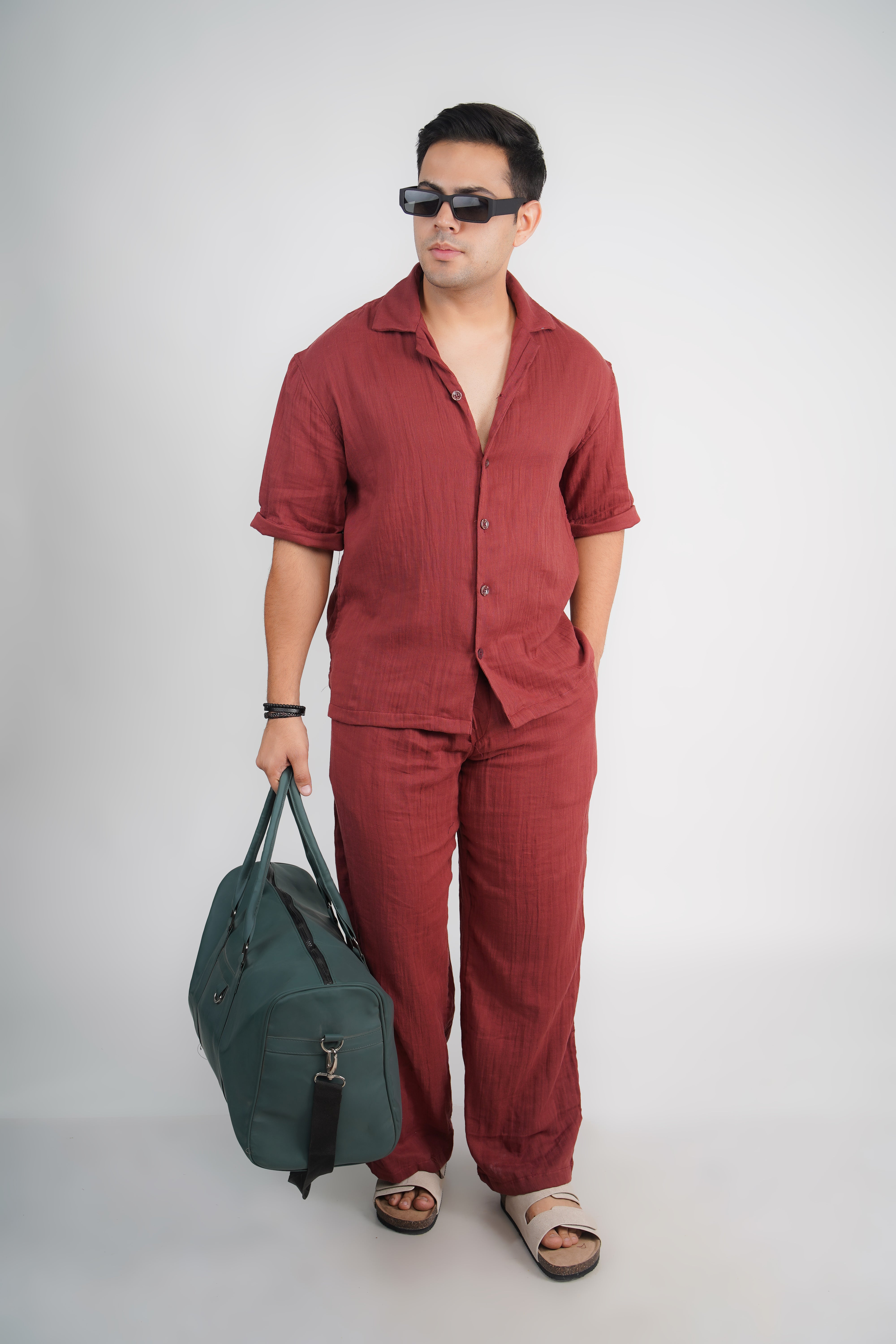 Brick Red Loose Fit Muslin Trousers