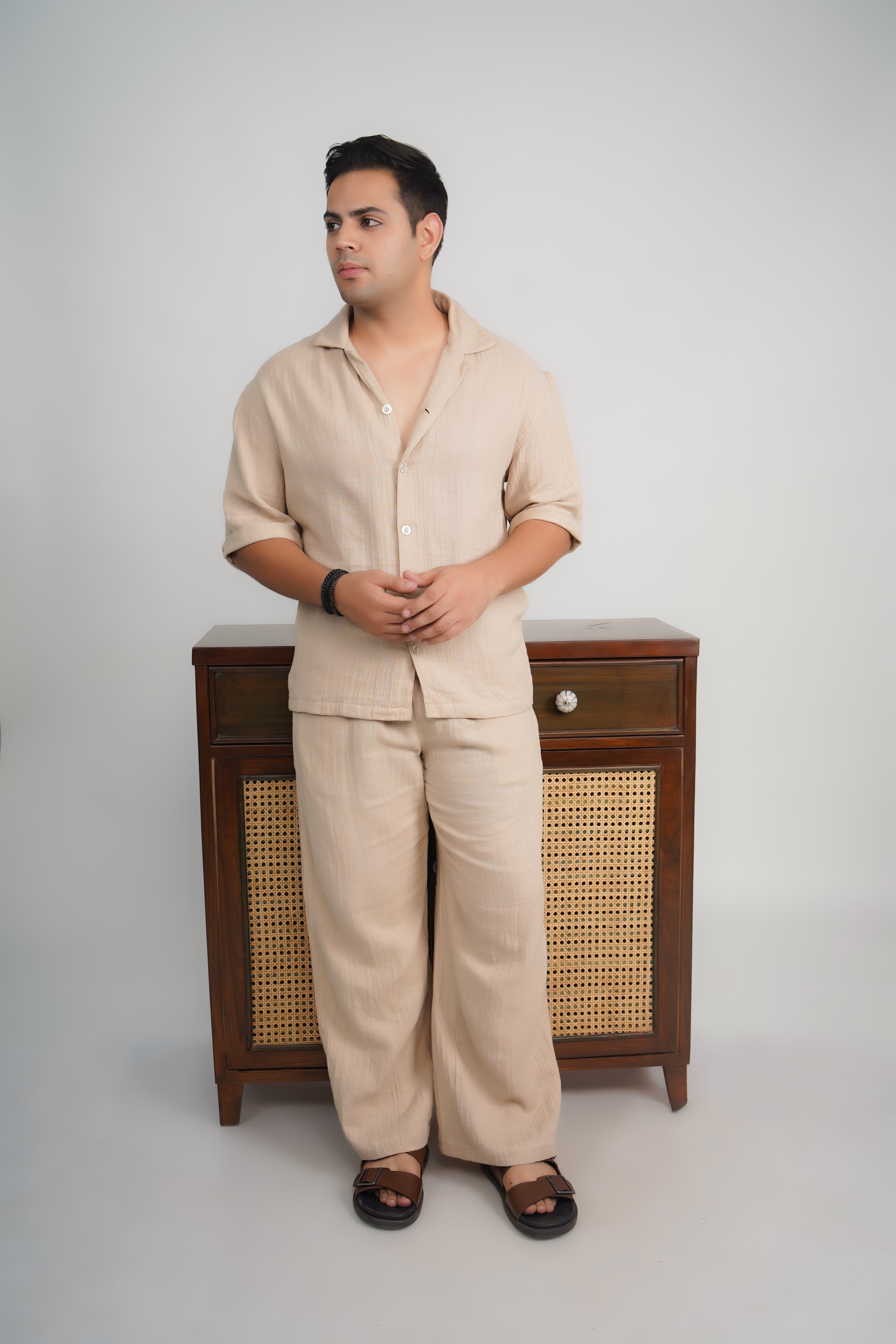 Beige Loose Fit Muslin Trousers