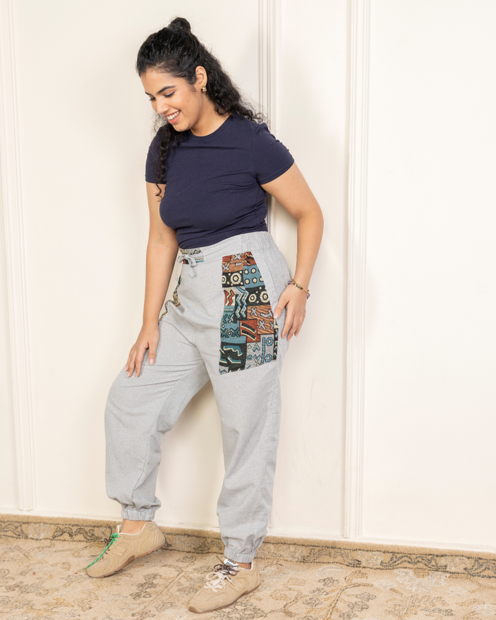 Sage Grey Women Embroidered Baggy Cotton Joggers with Upper Patch