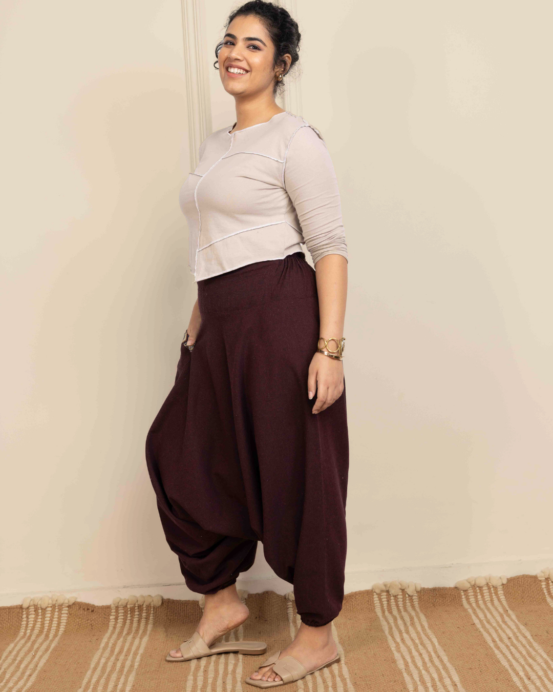 Maroon Women Loose Fit Cotton Harem