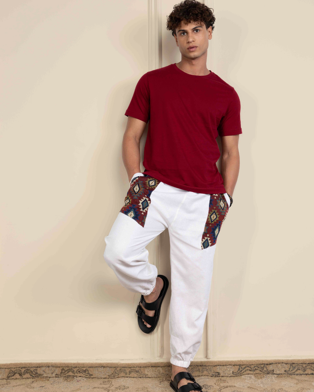 White Men Embroidered Baggy Cotton Joggers with Upper Patch