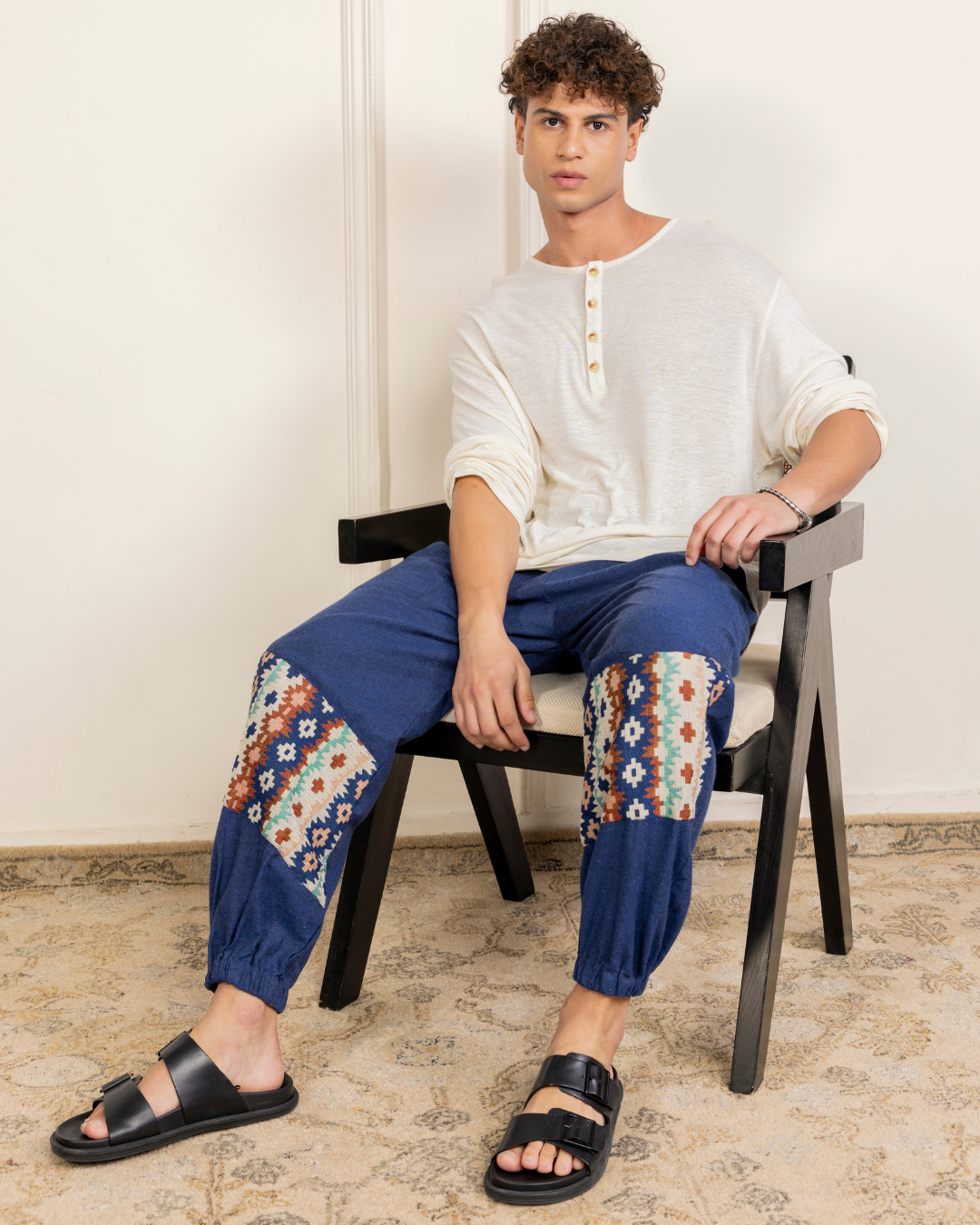 Navy Blue Men Embroidered Baggy Cotton Joggers with Lower Patch