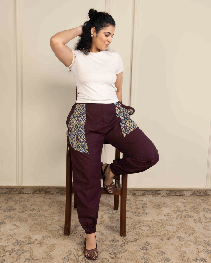 Maroon Women Embroidered Baggy Cotton Joggers with Upper Patch