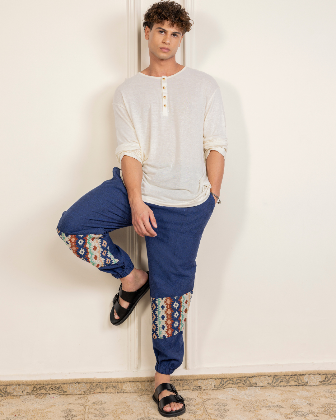 Navy Blue Men Embroidered Baggy Cotton Joggers with Lower Patch
