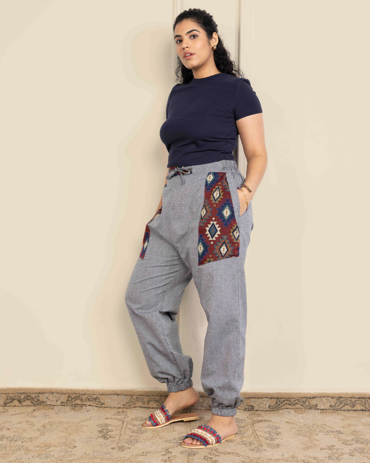 Grey Women Embroidered Baggy Cotton Joggers with Upper Patch