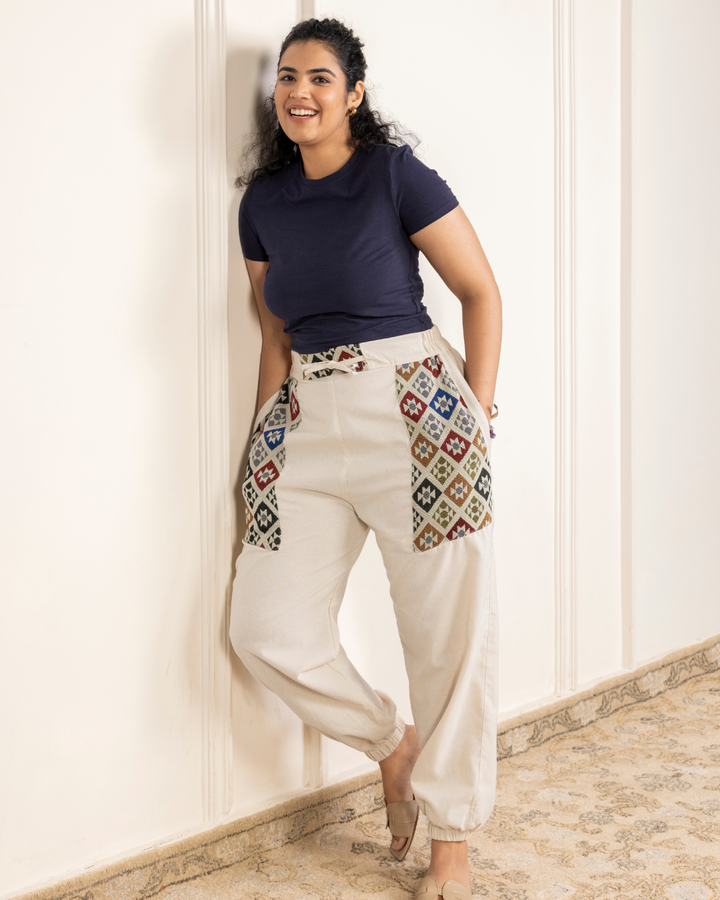 Ivory Women Embroidered Baggy Cotton Joggers with Upper Patch