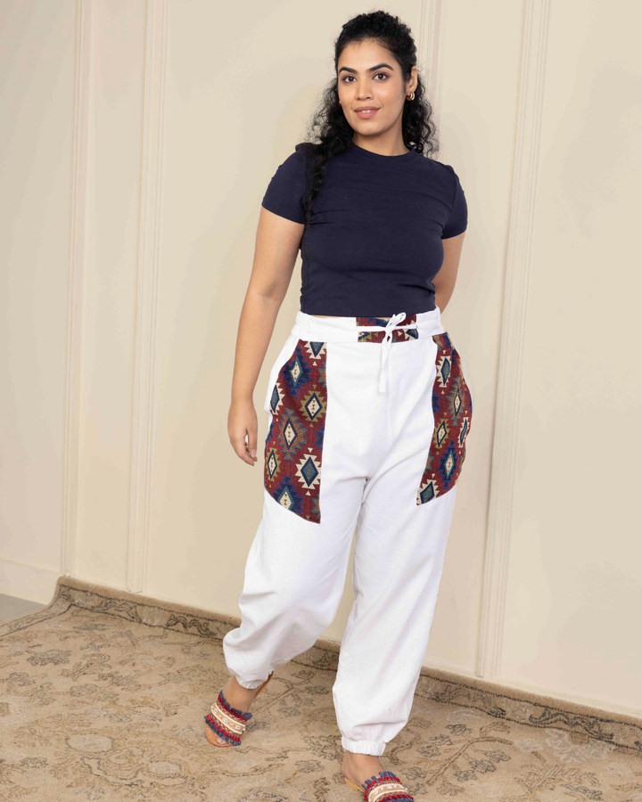 White Women Embroidered Baggy Cotton Joggers with Upper Patch