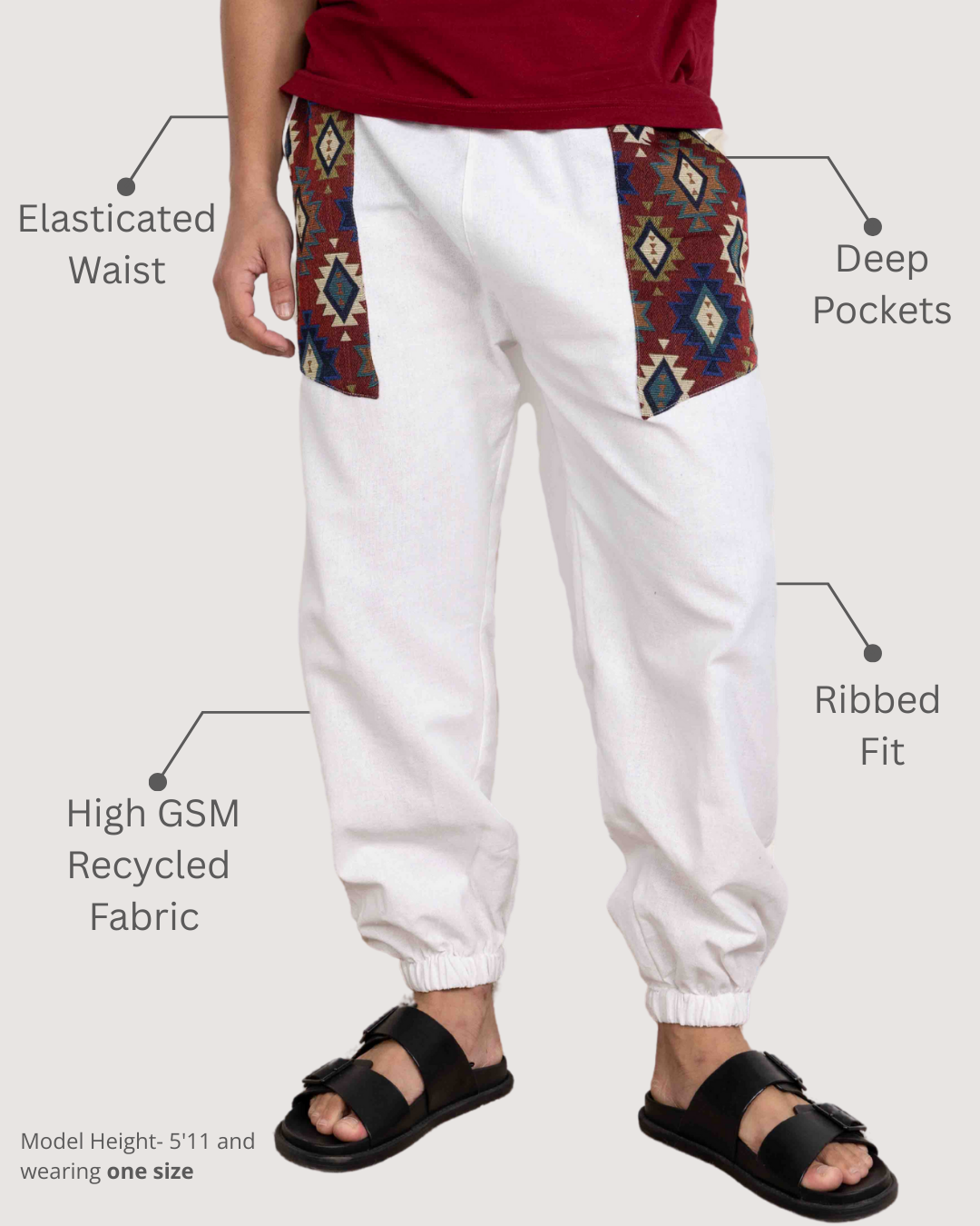 White Men Embroidered Baggy Cotton Joggers with Upper Patch